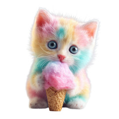 Cute kitten with rainbow fur holding ice cream cone in a fun setting during daylight
