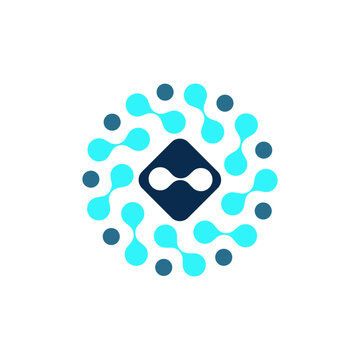 Abstract science-inspired logo showing connected nodes orbiting a central core, symbolizing data networks, molecular systems, and innovation for technology, research, and biotech brands.