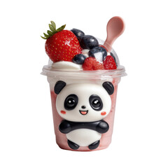 Panda dessert cup with fruits and whipped cream sitting on a table in a cafe during daytime