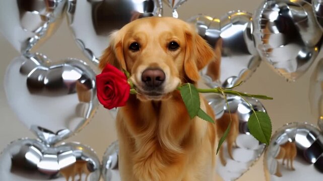 A golden retriever holds a red rose before shiny foil heart balloons, looking at camera with soulful eyes, concept of classic romance and devoted love