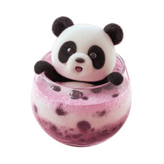 Cute panda figure sitting in colorful dessert bowl with bubbles during bright afternoon