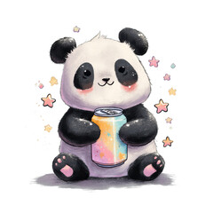 Cute panda holding a colorful drink with stars in a simple design style in a playful setting