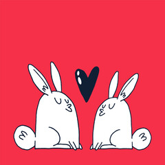 cute bunnies couple in love kissing. Valentines day greeting card. Hand drawn doodle vector illustration.