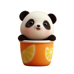 Cute panda toy in orange cup with lemon slices while looking happy indoors