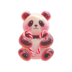 Cute panda holding candy canes during holiday season in a colorful setting with bright lights and decorations for celebration