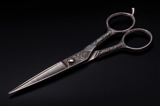 Ornate antique scissors with intricate detailed patterns on a black background.