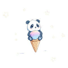 Cute panda sitting on an ice cream cone under a starry sky with pastel colors during a playful day