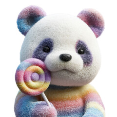 Cute panda holding a colorful lollipop in a playful style while sitting against a white background
