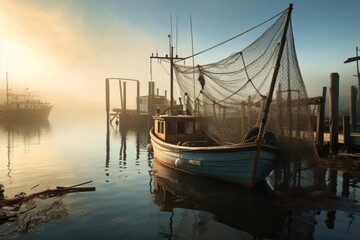 Fototapeta premium Fishing boat docked in a hazy harbor reflecting morning light on the tranquil water