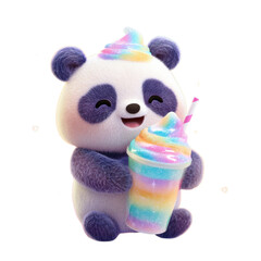 Cute panda enjoys rainbow drink while smiling in a colorful setting at a fun fair during the day