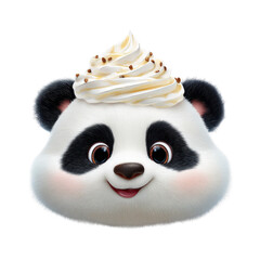 Panda character with a cupcake topping smiling against a plain white background in a fun and playful setting