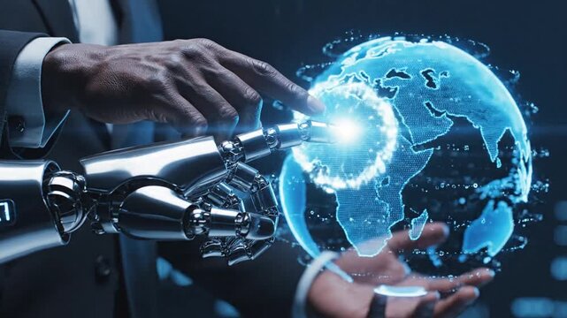 Futuristic cinematic slow-motion depiction of an advanced bionic cybernetic arm touching a glowing holographic Earth map representing global connectivity and artificial intelligence fusion