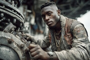 Fototapeta premium Focused Mechanic Working on Engine Parts
