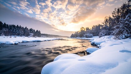 Frozen River Landscape at Sunset Winter Scene.