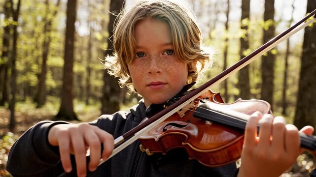 Young musician playing violin in a serene forest environment from a close-up viewpoint