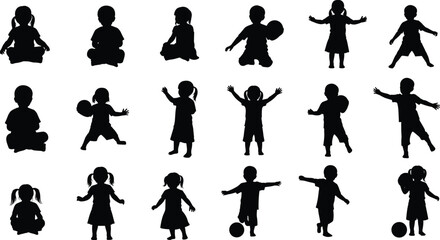 Children playing silhouettes set, kids activity poses, boys and girls with balls, black vector childhood actions for design