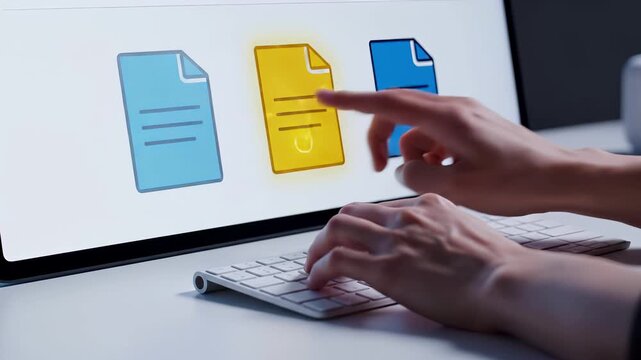 Professional selecting document file on computer screen with keyboard. Digital management, electronic filing system and office workflow with data organization and business administration technology.
