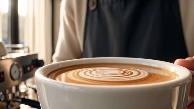 Barista Serving Beautifully Crafted Latte Art in Coffee Shop