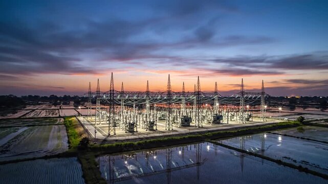 Cinematic aerial timelapse of a massive electrical power substation at dusk showing industrial energy infrastructure with glowing lights under a twilight sky in slow motion for utilities.
