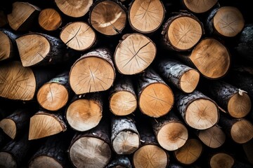 Fototapeta premium Stacked timber creating an abstract pattern of cut wood ends with annual growth rings