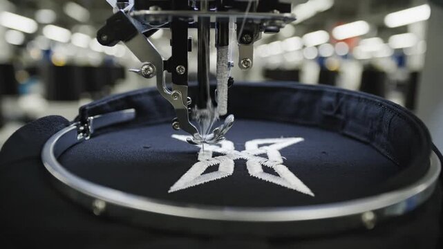Cinematic macro shot of a modern automated industrial sewing machine creating intricate embroidery with precision needlework in a professional garment manufacturing factory workshop.