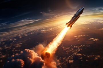 Fototapeta premium Rocket propelling through clouds on its way to orbit with powerful exhaust flames