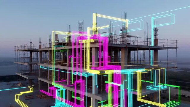 Building construction site with bim digital wireframe overlay. Architecture visualization, engineering design and modeling technology with structural blueprint and project management.