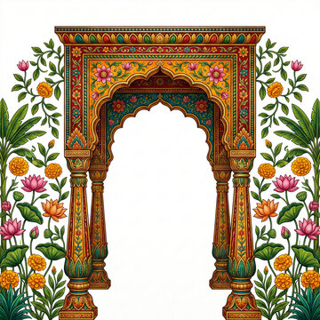 An ornate colorful indian archway surrounded by lush floral arrangements