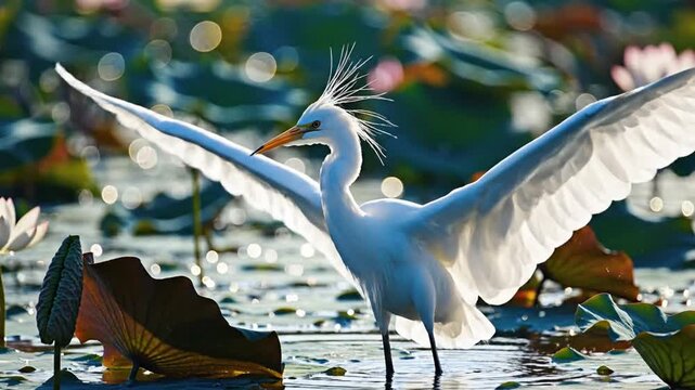 White egret standing on one leg in a serene pond surrounded by water lilies and lotus leaves with wings outstretched