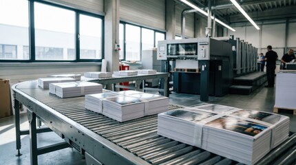 Production line in a printing facility with colorful printed materials
