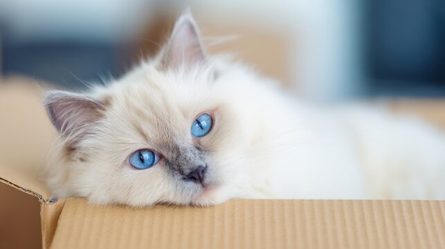 Cute cat lies in a cardboard box with bright blue eyes and fluffy fur