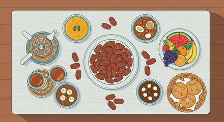 Assorted Dates and Fruits on White Table Top View, Healthy Snacks, Flat Lay and Top View, Wooden Background