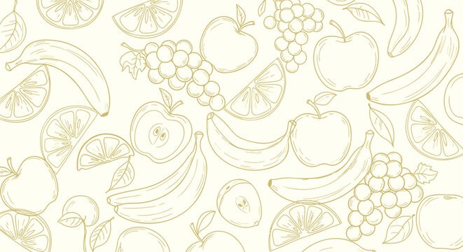 Fresh fruit pattern with apples bananas grapes and oranges on cream background