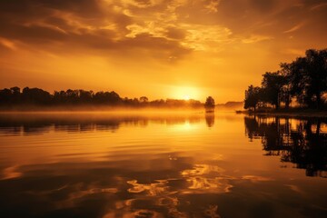 Obraz premium Serene lake reflecting the vibrant orange sky during a misty morning