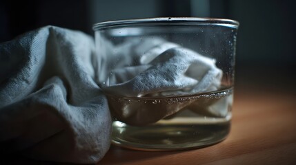 A white cloth soaking in amber liquid inside a glass beaker on a wooden surface