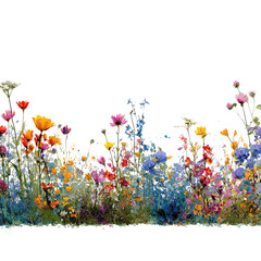 Bright and colorful flowers bloom in a garden during springtime in a sunny field with clear skies