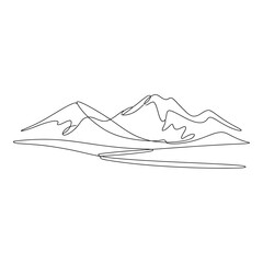 Continuous line drawing of mountain range landscape with hills and peaks in simple style