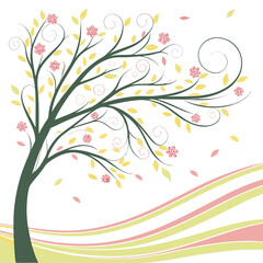 Obraz premium Elegant tree with flowing branches and delicate floral accents against a golden backdrop