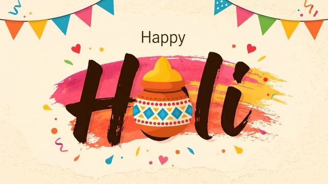 Happy Holi Festival Greeting Background with Paint Strokes and Pot