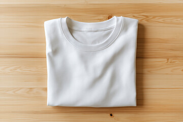 Folded White Blank T Shirt on Wooden Background Top View