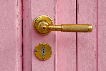 Elegant Gold Door Handle on Pink Wooden Door with Minimal Design