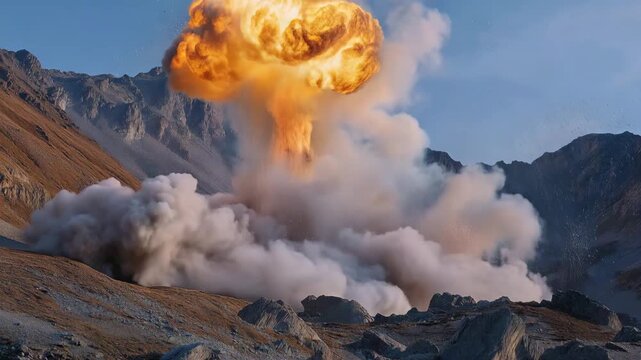 A comet strike lights up a mountain range, where the explosion causes landslides and rockfalls, drawing attention to the geological changes and the raw energy unleashed during such cosmic impacts.