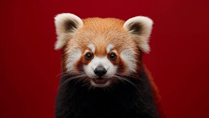 Obraz premium Red Panda Looks at the Viewer With a Friendly Expression Against a Red Background