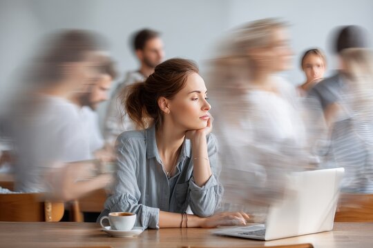 Thoughtful young woman sitting at a coffee shop table with a laptop and a cup of coffee while people move in a blur around her representing social anxiety and urban loneliness concepts