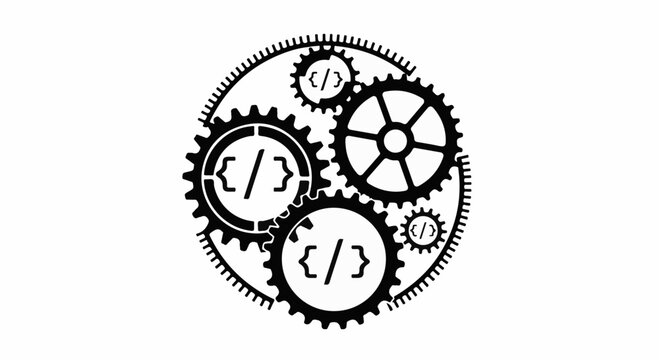 Interlocking gears with code symbols represent mechanical engineering and software development.