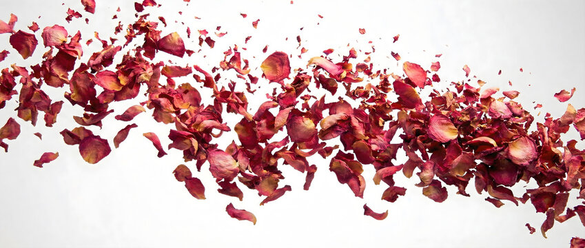 Flying red rose petals wave. Realistic falling flower petals flow isolated on white background