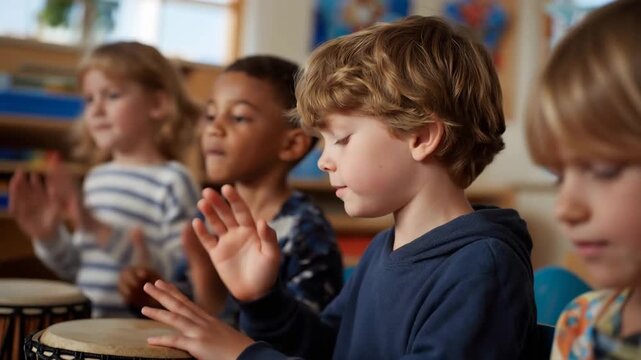 A designated area in the preschool classroom is equipped with musical instruments, promoting auditory skills and rhythm development, allowing children to explore sound layering and enhance their