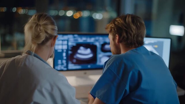 A hospital setting features specialists analyzing a prenatal scan, focusing on the fetus anatomy and circulation with an umbilical cord for health evaluation. cinematic color correction, natural