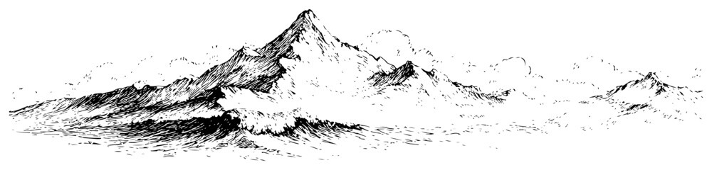 Panoramic mountain landscape sketch with clouds and peaks