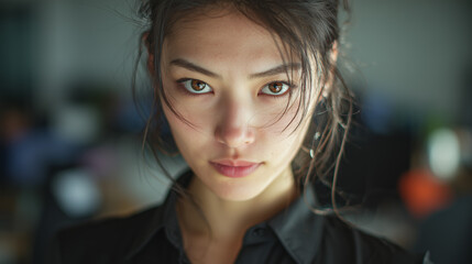 Serious Young Asian Woman Portrait with Natural Light and Shallow Depth of Field
